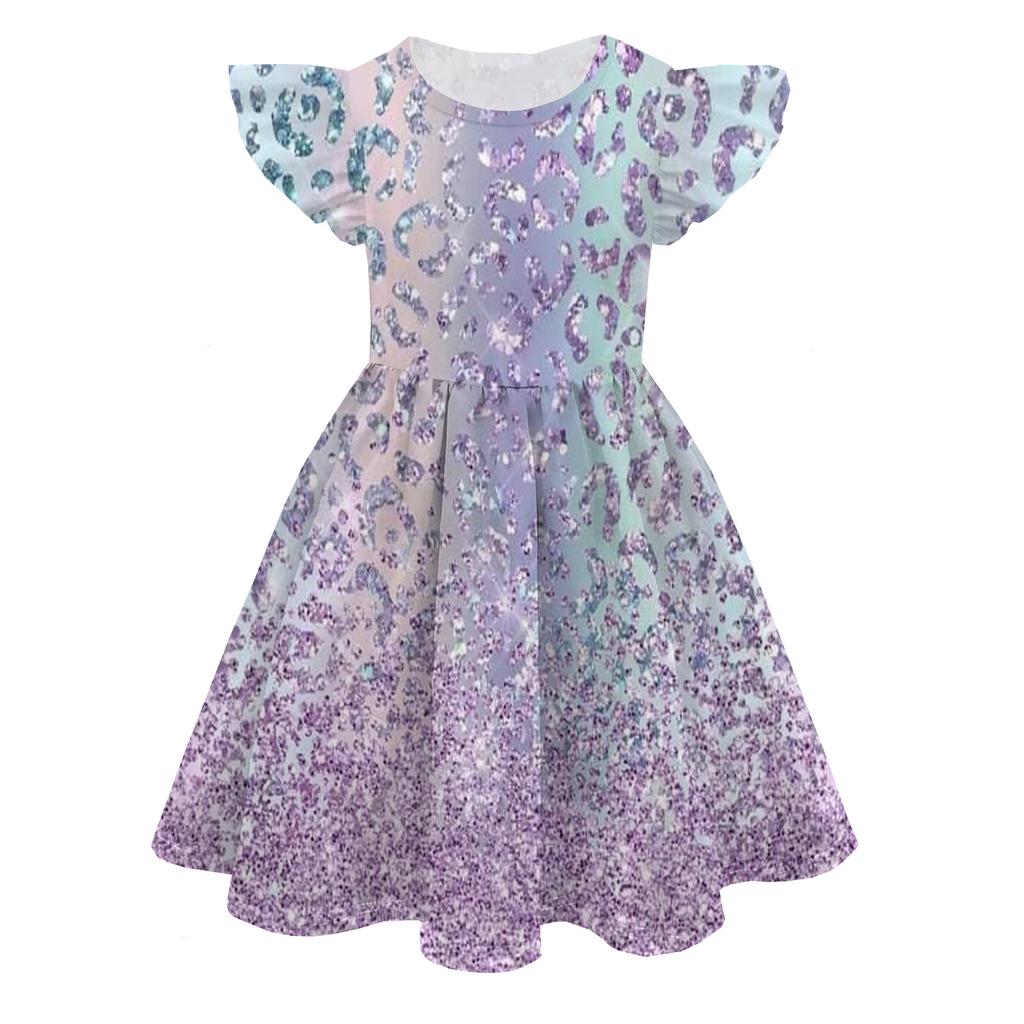 Europäisches und Amerikanisches Feifei-Ärmel Prinzessinnenkleid Farbe Peripherie 3D Digitaldruck Kinder-Milchseidekleid
