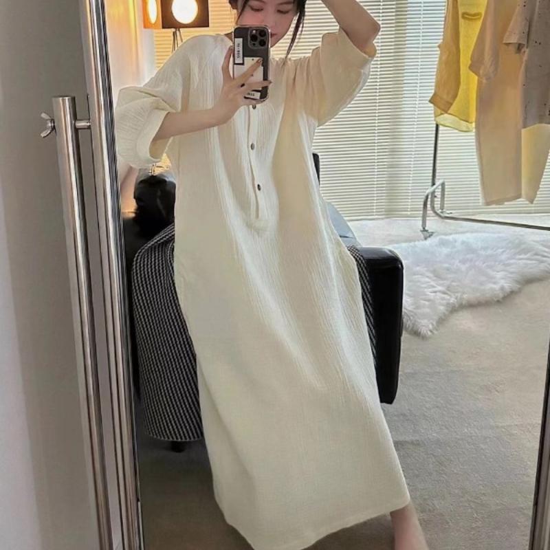 French High-End Cotton Long Sleeve Pajamas Women's Spring Autumn Plus Size Nightgown Loungewear Dress