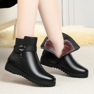 Bottines courtes pour femmes en cuir véritable à semelles compensées épaisses, bottines à la cheville, chaussures d'hiver en coton pour femmes, bottes de neige chaudes en laine pour femmes 35-43