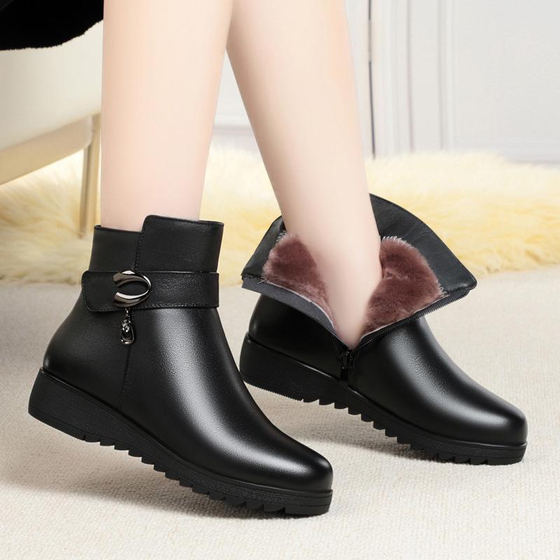 Fashion Genuine Leather Women Short Boots Thick Soled Wedges Ankle Boots Women's Winter Cotton Shoes Female Wool Warm Snow Boots 35-43