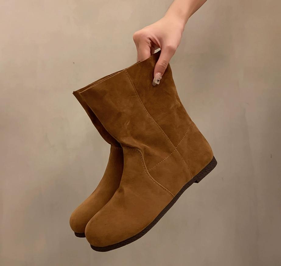 2026 New Fashion Autumn Women Mid-Calf Boots High Quality Cow Suede Leather Slip-On Flat Heel Casual Boots Ladies Handmade Retro