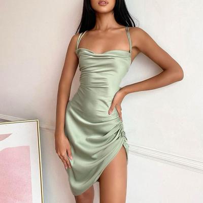 Spaghetti Strap Solid Color Satin Dress Shirring Irregular Hem Backless Sling Mini Dress Streetwear