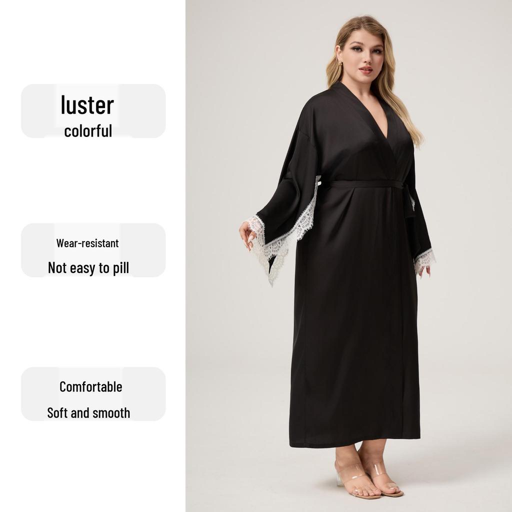 Yaoting Satin Chiffon Lace-Trimmed Women's Robe - Long Sleeve, Plus Size, Spring/Autumn Pajamas, CP3820