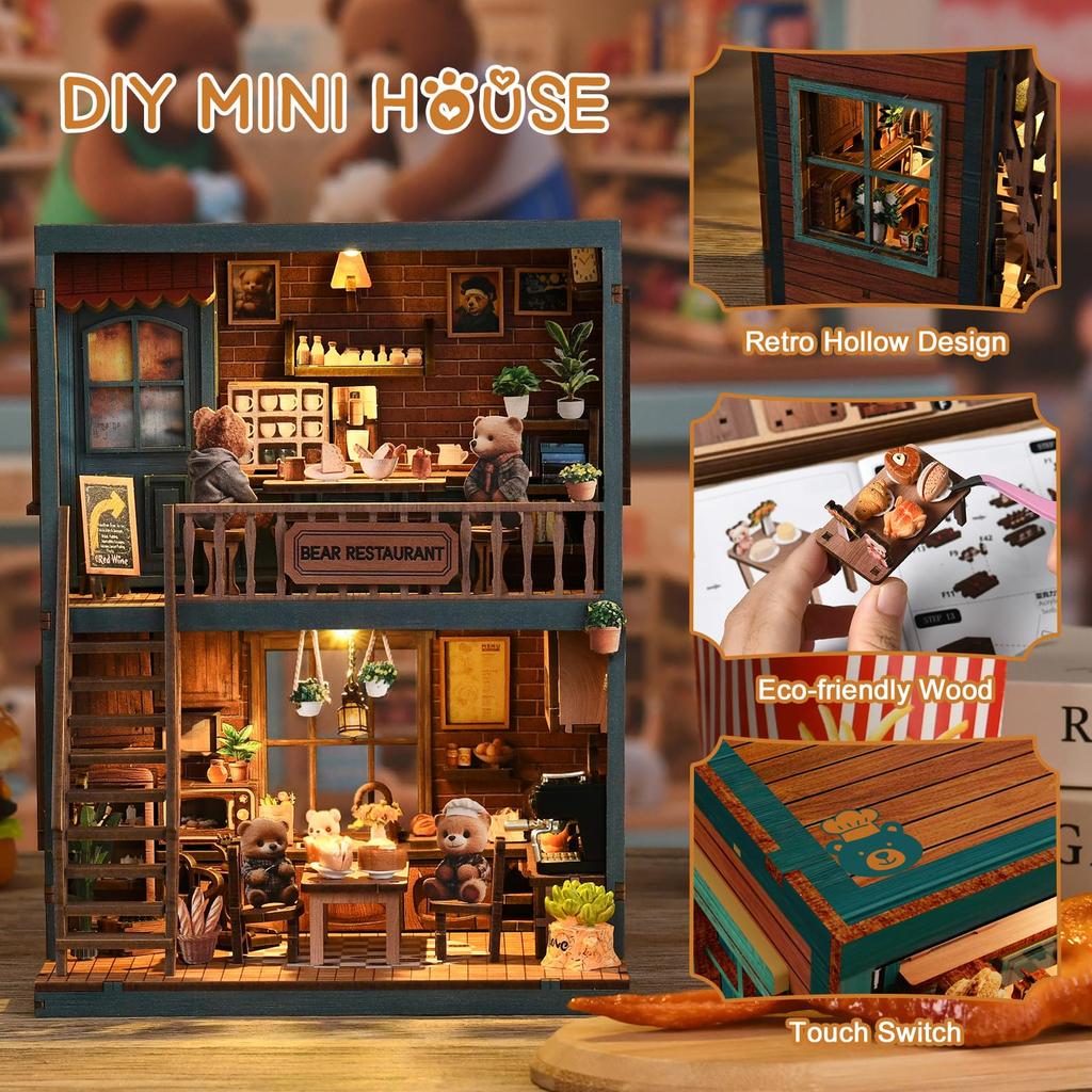 CRESYMME Miniature House Dollhouse Book Nook Wooden DIY 3D Hobby Bread Kit, (Bear's Time)
