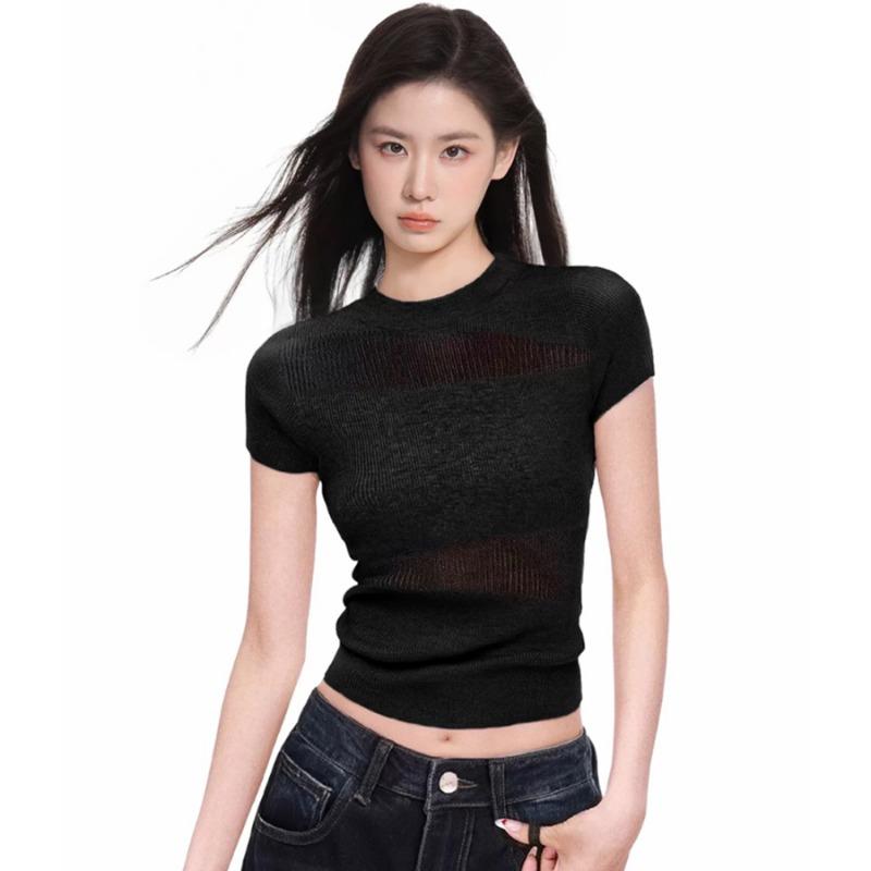 2026 Summer Knitted Short Sleeve Slim Fit Women's T-shirt New Mock Neck Fashion Casual Sweet Solid Color Hollow Elegant Top Casual Knitwear
