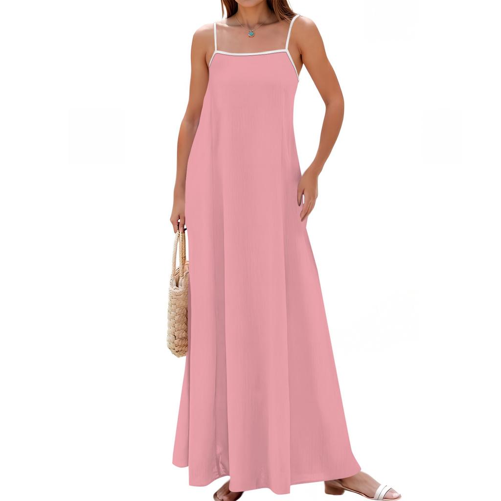 Women's Spring And Summer Casual Fashion Adjustable Suspender Solid Color Long Dress