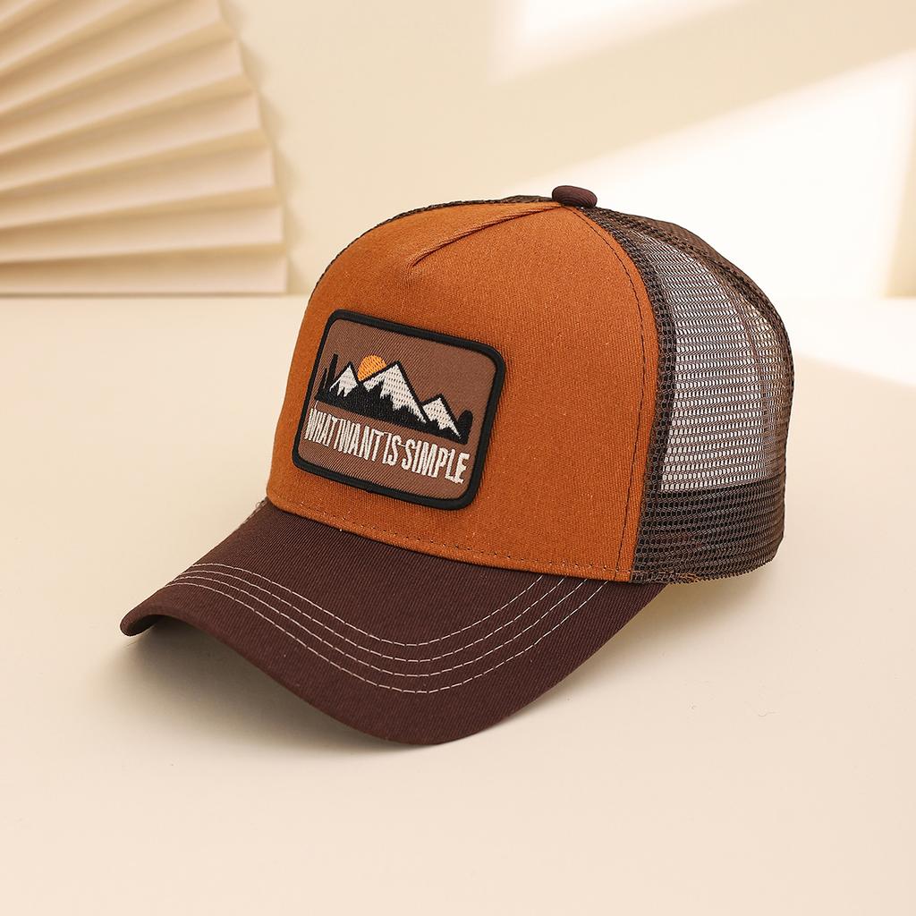 Fashionable Summer Hollow Out Mesh Baseball Cap with Embroidered Sunset Mountain Design, Outdoor Sun Protection Snapback Hat