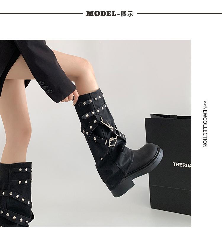 Retro black thick-heeled platform boots for women's 2025 new summer versatile height-increasing and thin trousers knight boots