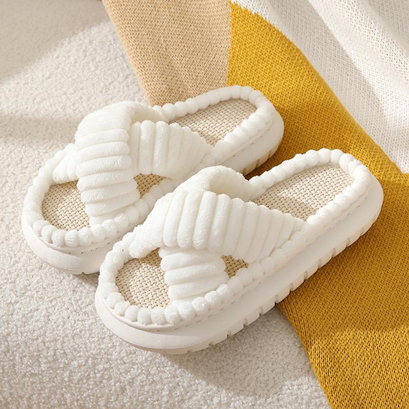 Fashion Cross Strap Corduroy Platform Slippers Women Thick Sole Comfortable Indoor House Slippers Woman Open Toe Non Slip Cotton Shoes