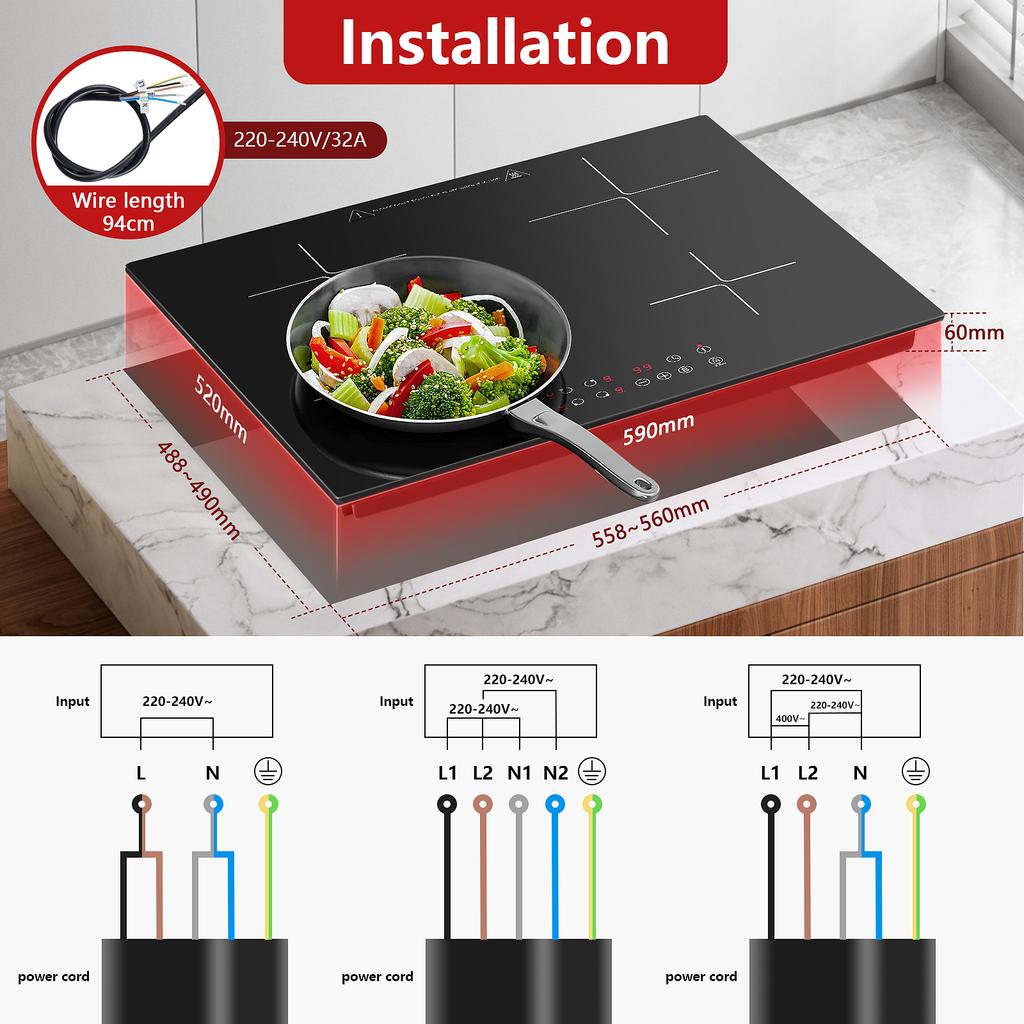 60cm Built-in 4 Zone Induction Cooktop with Booster, Touch Control, 6000W, 9 Power Levels, Timer, Child Lock, 220-240V