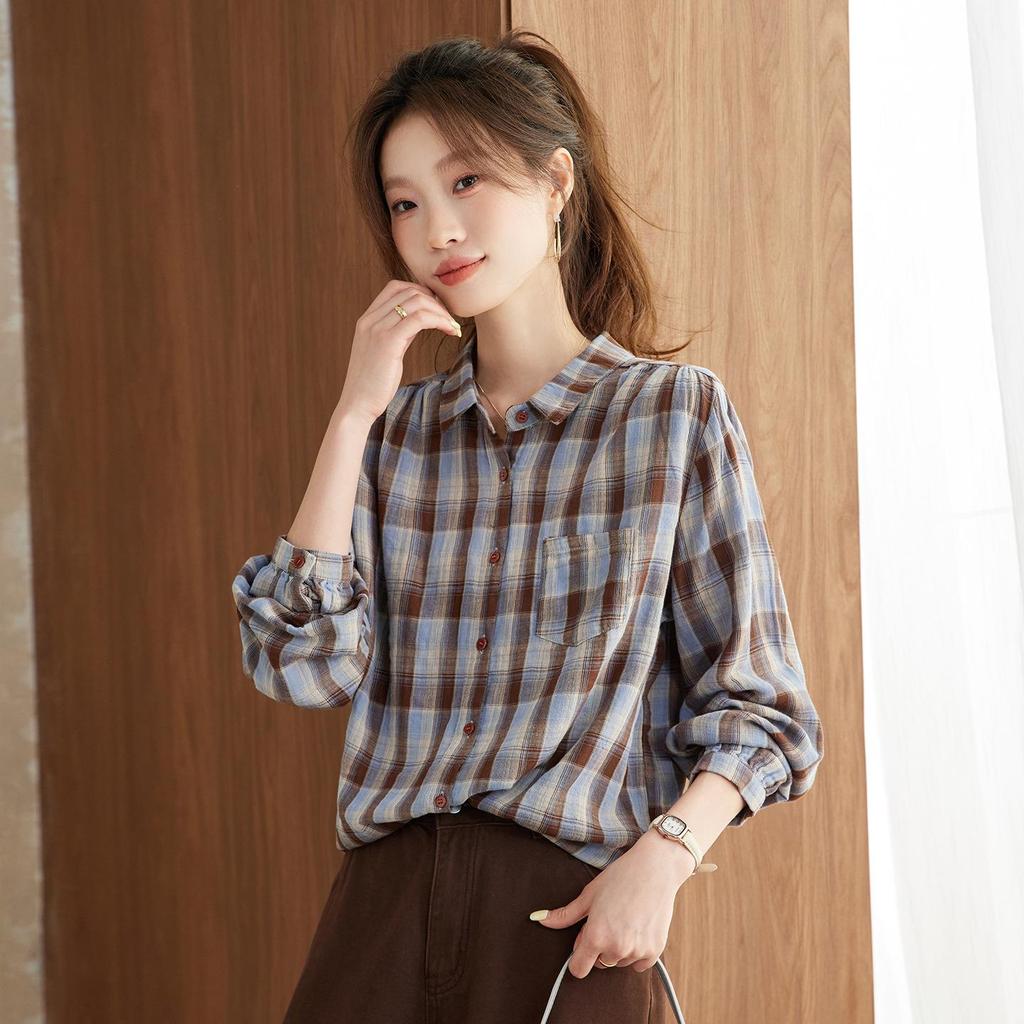 Women's Plaid Loose-Fit Cotton Long Sleeve Lapel Shirt - Spring & Autumn 2025