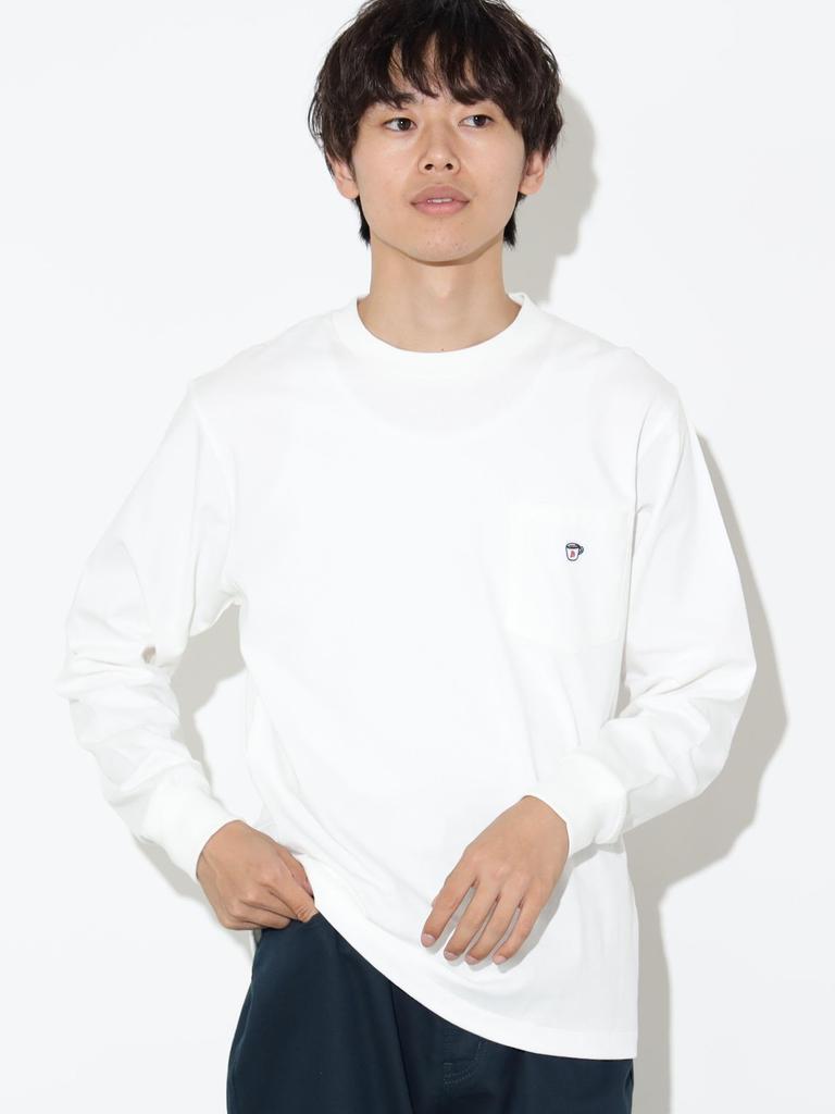 T-Shirt Coffee Embroidery Crew Neck Cut and Sewn WEISS XL [Beams Heart] L/S Herren