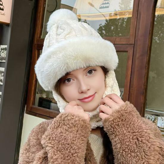 Gorro Pulôver 3-em-1 Gorro de Tricô Cor Sólida Decoração de Bola de Pelúcia Forro de Lã Cachecol Máscara Facial Chapéu Acessórios para Clima Frio