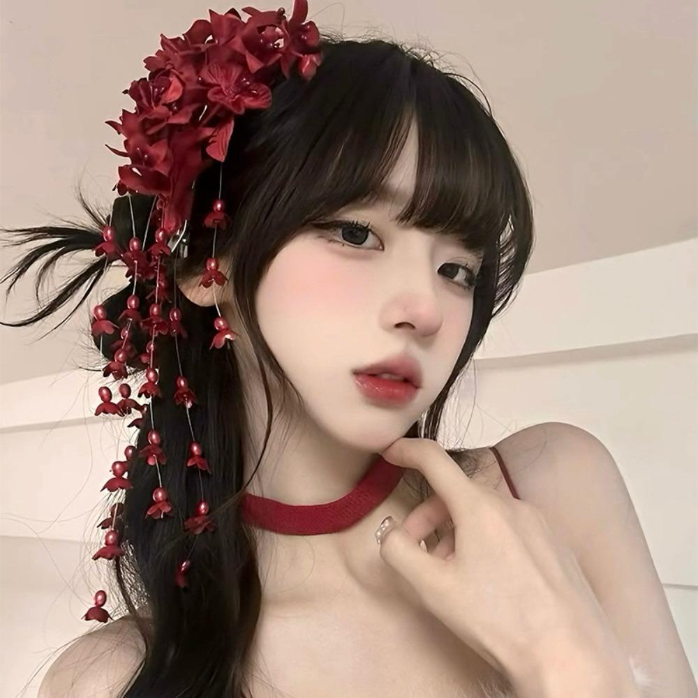 Flower Orchid Hair Clip With Pearl Tassels Side Hairgrips New Dress Accessories  Headwear Gift