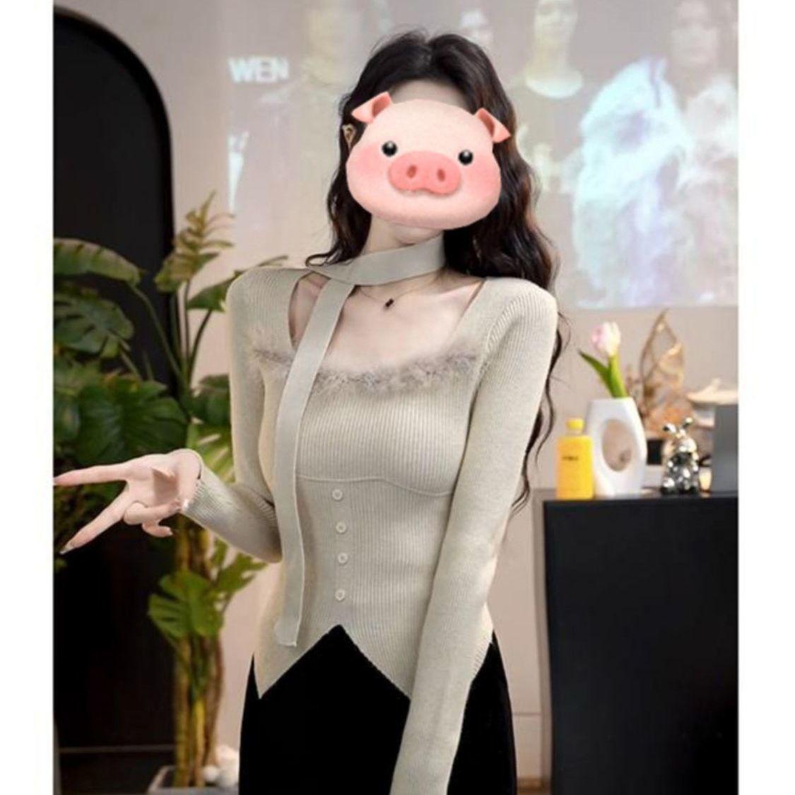 

Вязаный свитер облегающего кроя с квадратным вырезом для женщин - Неравномерная пушистая вязка, Базовый топ для осени и зимы One Size