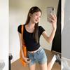Pure Desire Sweet Girl Bm Wind Button Design Front Shoulder Short-sleeved T-shirt Women's Summer Small Slim-fitting Waist Short Top