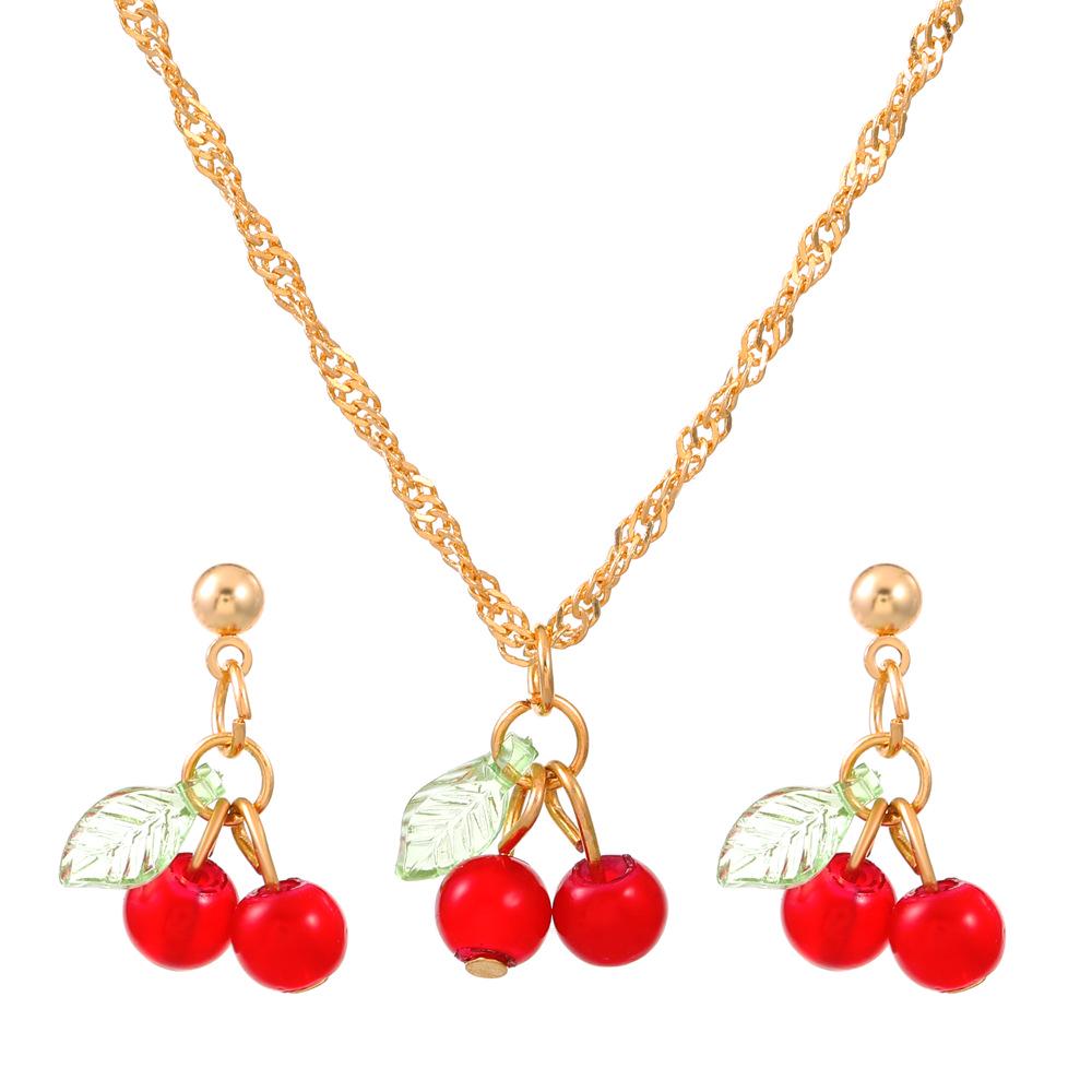 Cherry Red Cross-Border Necklace & Earrings Set: Light Luxury Niche Design, Elegant Clavicle Chain, Exquisite Accessories for Women