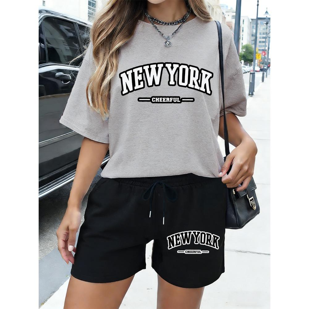 New York Cheerful Letter Print  Shorts Womens Basic Two Pieces Set T-Shirt Pants Summer High Waisted Oversize Clothes