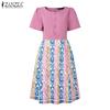 ZANZEA Women Casual Round Neck Short Sleeve Print Patchwork Dress