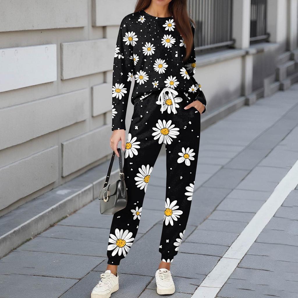 Sets für Damen 2-teilig Rundhals Langarmshirts Bedruckte Jogginghosen Taschensets