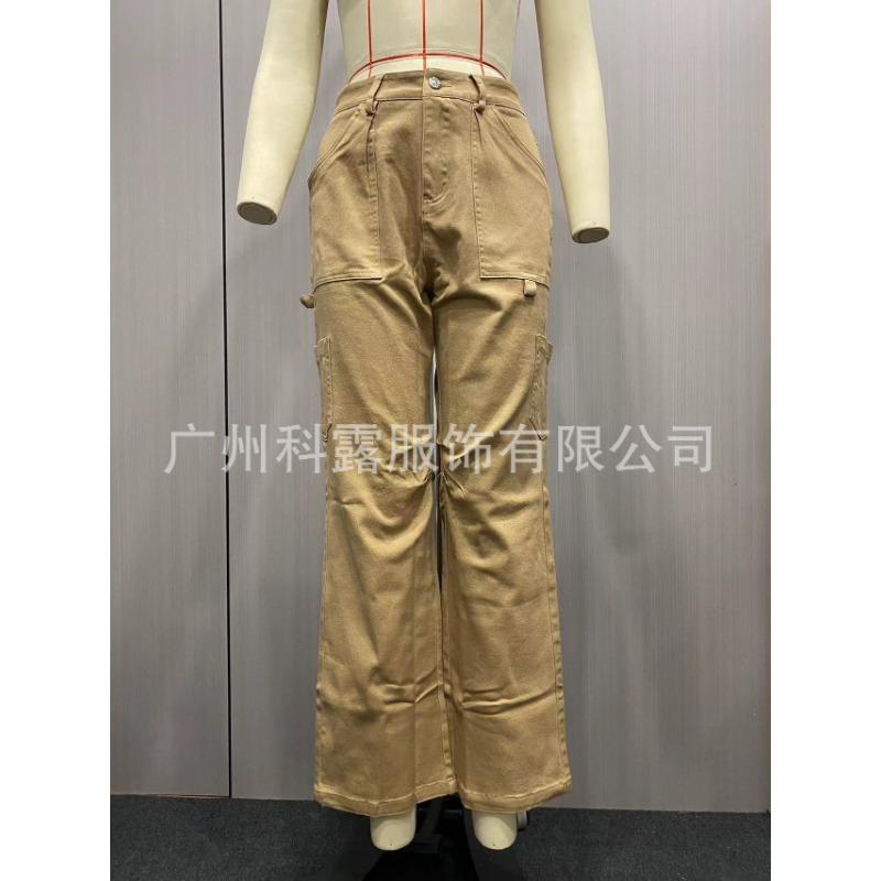Damen lockere lässige High-Waist gerade Hosen mit sechs Taschen Cargo-Hosen