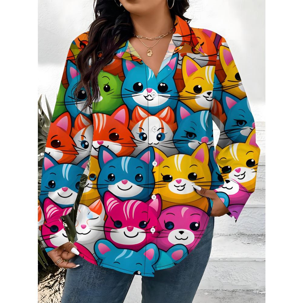 Women's Long-sleeved Shirt Cute Cat Print Loose Print Shirt Colorful Cat Head Medium and Long