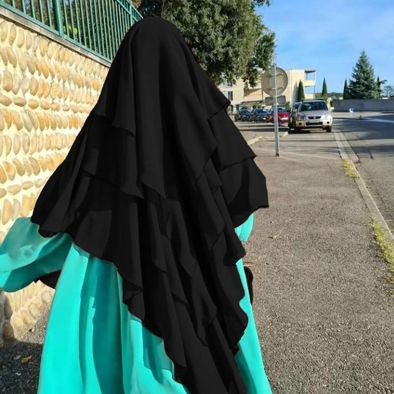 Yto Home Women's Plain Three-Layer Chiffon Hijab Prayer Khimar Solid Color Arabian Trkiye Shawl Headscarf 136*120Cm