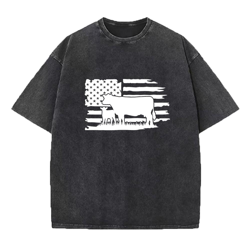Mens Fun Cow Print Washed T Shirt Retro Distressed Style Casual Basic Street Fashion Pure Cotton Crew Neck Short Sleeved Top