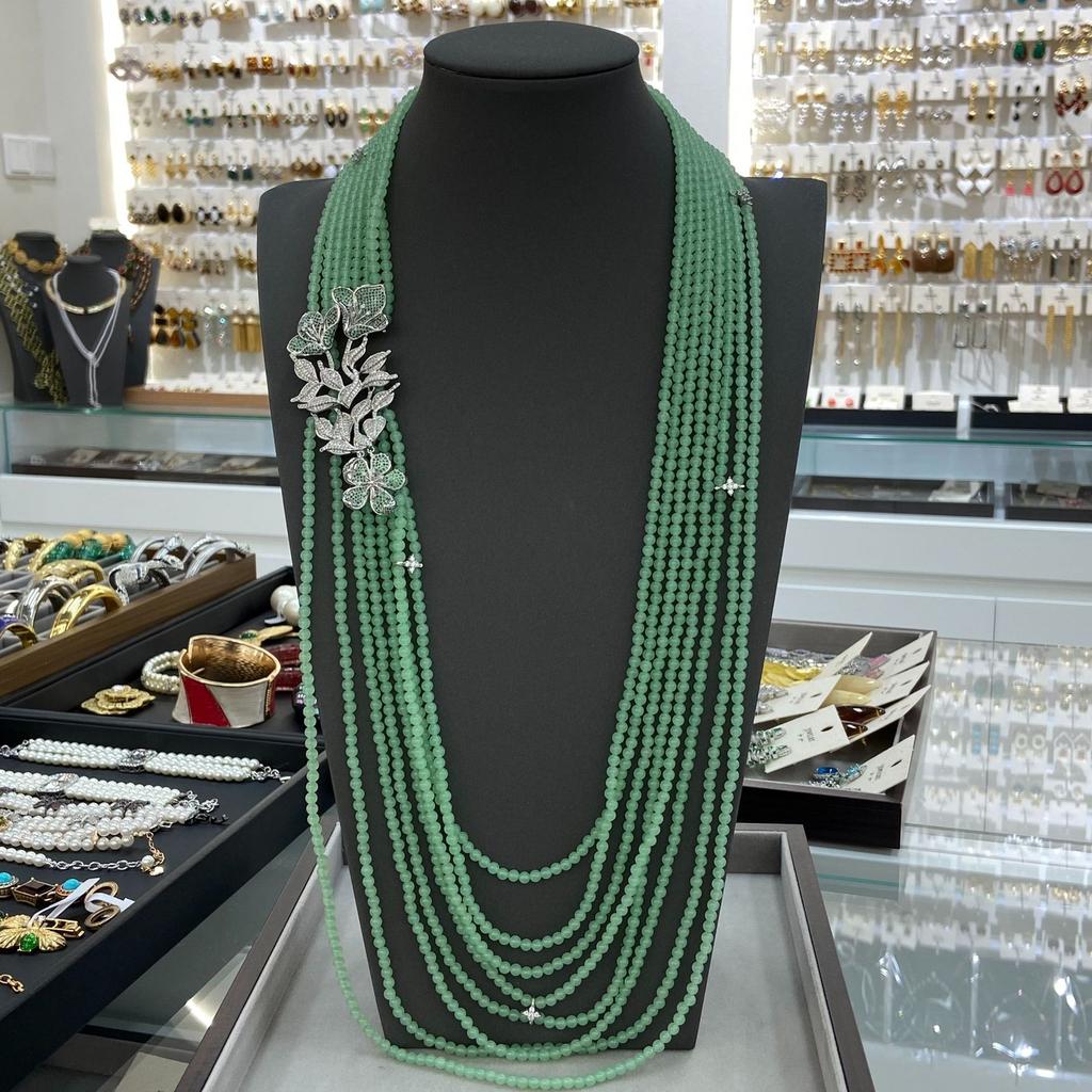 Green Dongling Jade Necklace Niche Design High-End Multi-Layer Beaded Long Sweater Chain Luxury Light Luxury Jewelry Women