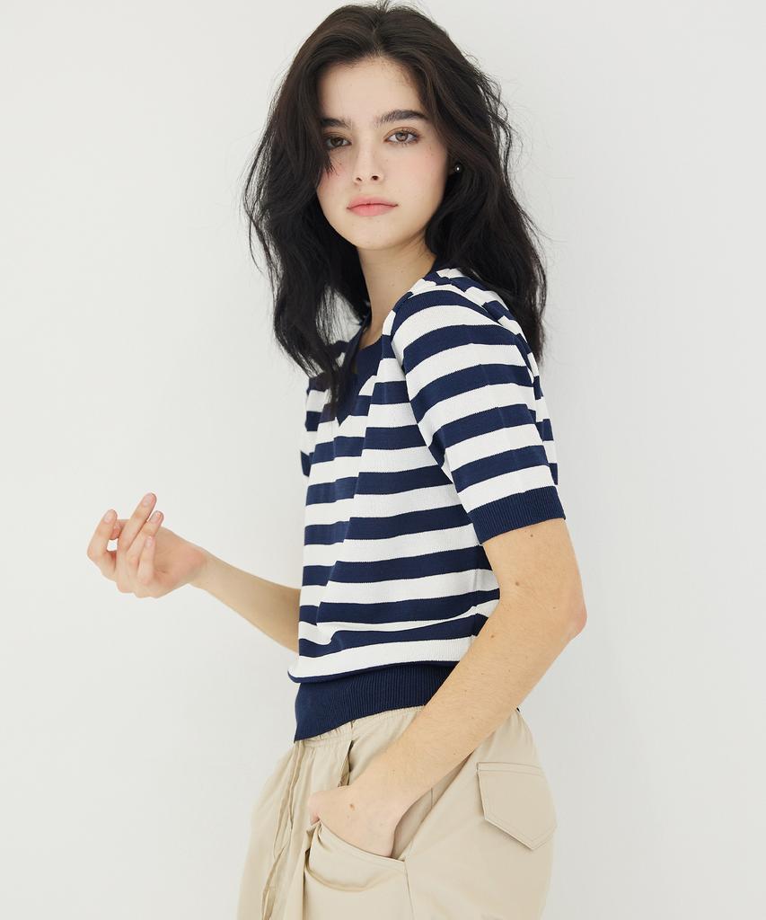 AWESOME STUDIO V-Neck Striped Knit Navy