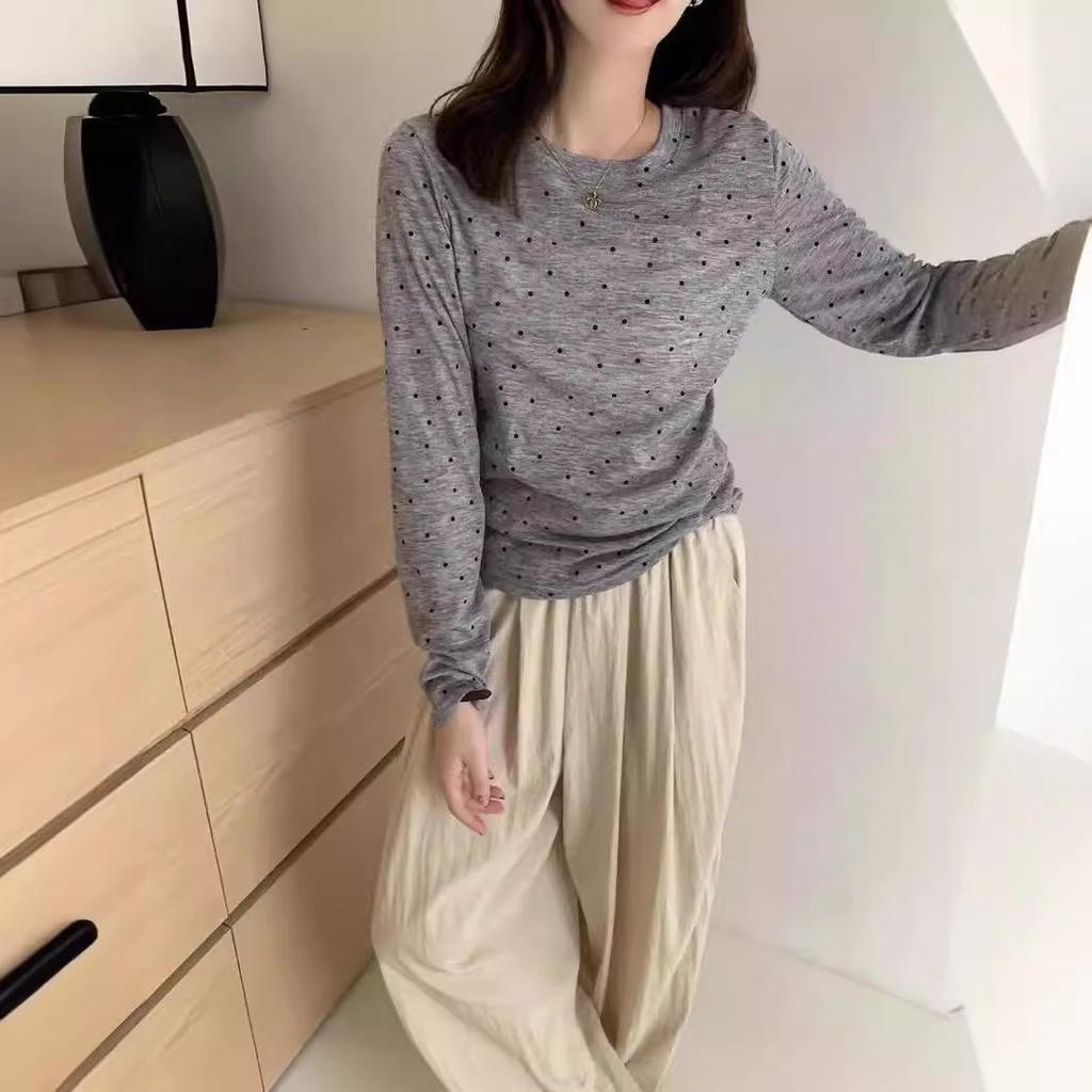 Women's Layered Polka Dot Long Sleeve T-shirt - Spring/Summer 2024 See-through Slimming Design