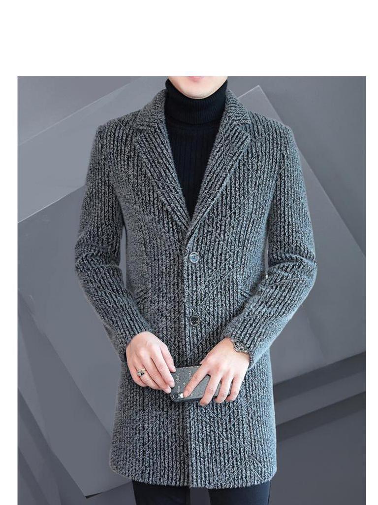Men's Striped Mid-Length Overcoat Suit Collar Trench Coat, 2023 Autumn/Winter, Youth Plus Cotton, Thickened.