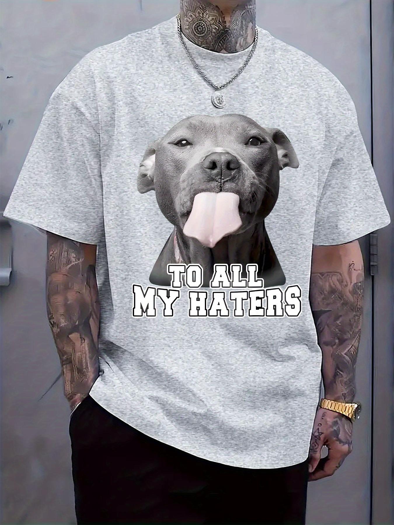 Black T-shirt with Pitbull Graphic & To All My Haters Print - Casual Crew Neck S