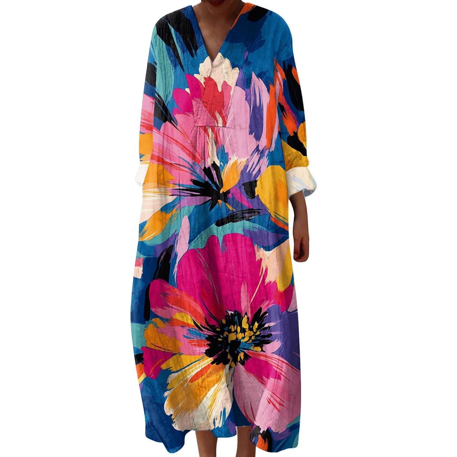 

Женское повседневное и модное платье с V-образным вырезом и цветочным принтом, с длинным рукавом XL жёлтый