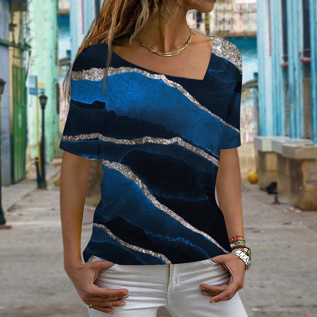 Sommer 3D-gedruckte Marmor Tie Dye Serie Damen Casual Schräghals Kurzarm T-Shirt
