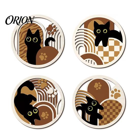 Hollow Wood Wall Ornaments 4Pcs Wooden Cat Decor, 2D Flat Geometric Art Prints Indoor Hanging Sets Art, Modern Minimalist Signs for Living Room