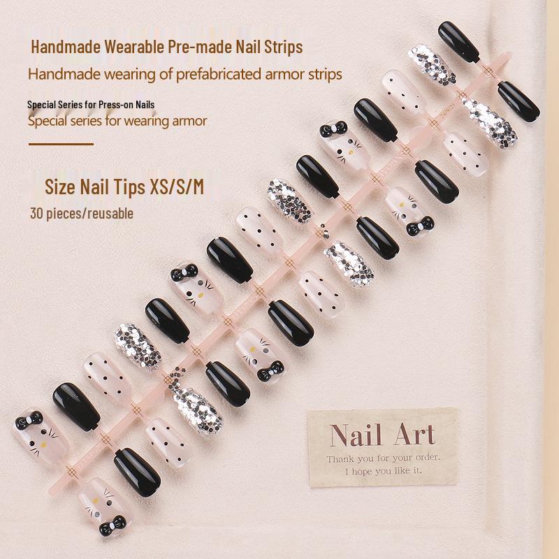 

High-End Autumn/Winter Cat Bowknot Wearable Nail Tips with Cat Eye Design Glue Version