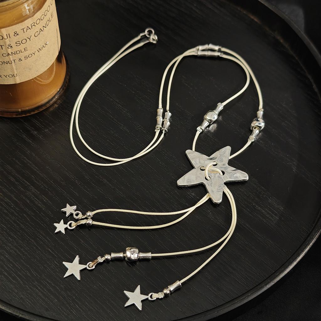 Sweet Silver Star Fringed Necklace Women'S Retro Long Accessories Niche Design Unique Personality Sweater Chain