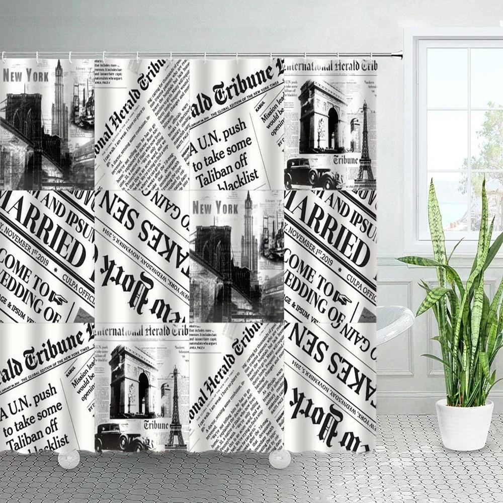 Vintage Old Newspaper Shower Curtains France Paris Tower Periodic Table Bath Curtain Retro Fabric Print Home Bathroom Decor Se