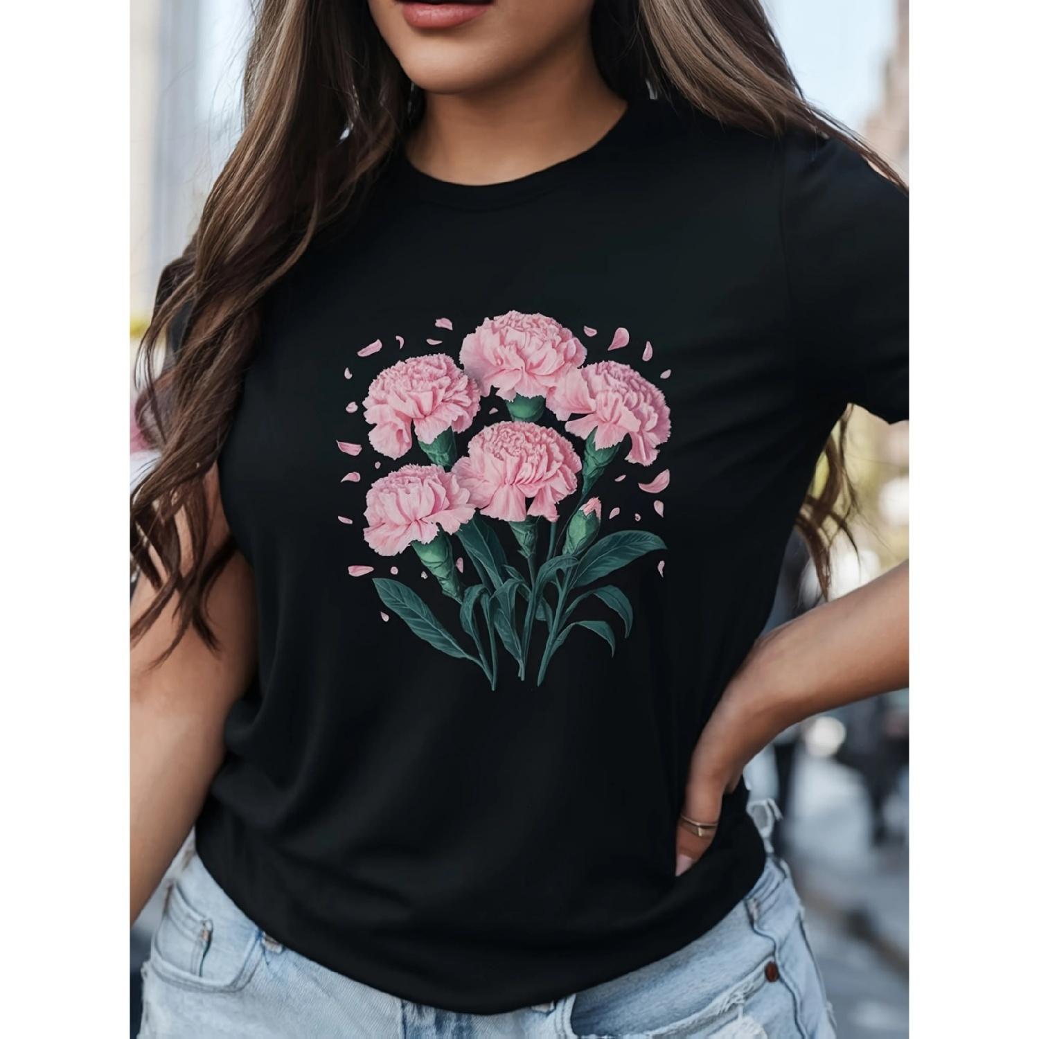 

Carnation flower print short-sleeved T-shirt casual and versatile style suitable for women s summer daily wear and going out XXXXXL різнокольоровий