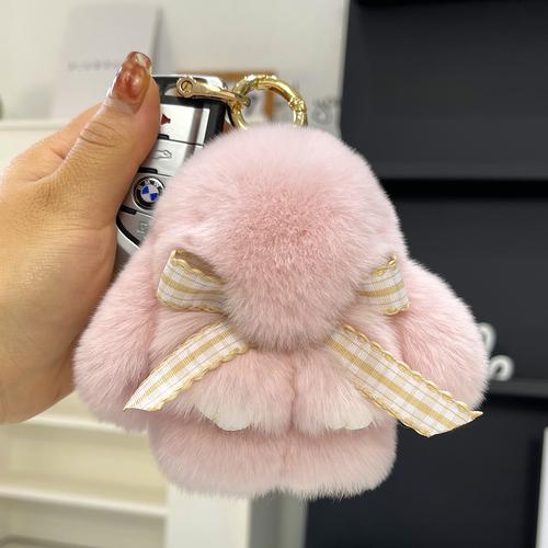 Real Rex Rabbit Hair Bowknot Little Rabbit Car Key Chain Pendant Cute Plush Drop Ear Rabbit Doll Bag Pendant