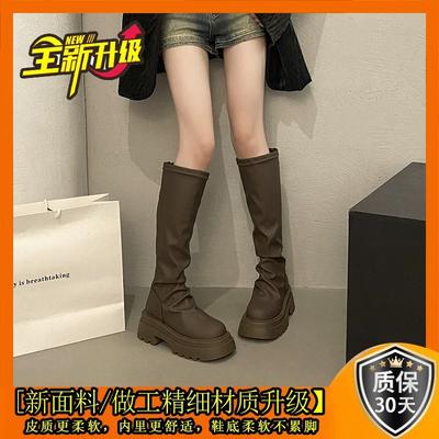 Small Man Fleece Pleated Elastic High Boots Muffin Thick-soled Thin Long Boots Women's Thin Retro Inverted Boots Long Boots