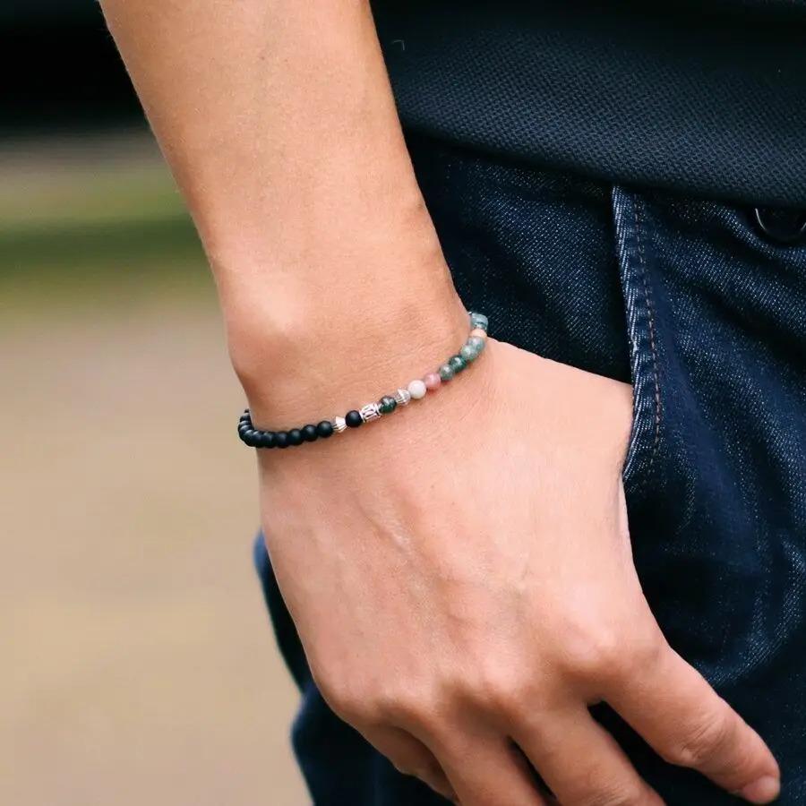 Bransoletka z koralików 4 mm Unisex Wintage Srebrny Kolor Wikingowska Bransoletka Dwukolorowa Naturalny Kamień Howlit Bransoletka Akcesoria Ręczne