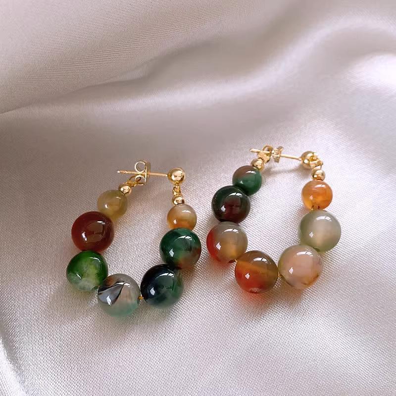 Retro Peacock Agate Jade Earrings with Irregular Marbled Texture