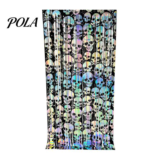 Decorative Festive Curtain Halloween Skull Foil Fringe Curtain, Iridescent Disposable Tablecloth, Pattern Party Decor Table Cover Tinsel Backdrop for