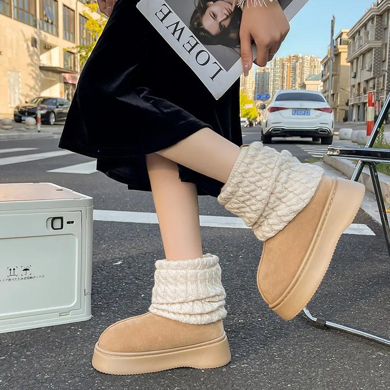 2024 Winter New Knitted Socks Snow Boots Fashion Thick Soles Warm and Velvet Non-slip Wearing Cotton Shoes Women