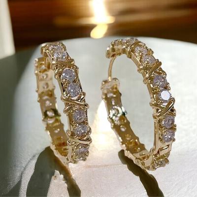Brilliant Cubic Zirconia Hoop Earrings for Women Hollow X Shaped Circle Earrings Luxury Jewelry Party Wedding Accessories