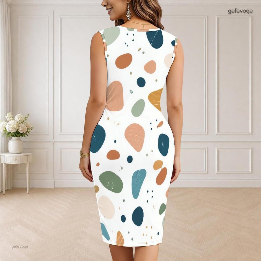 Women Plus Size White V Neck Sleeveless Printed Bodycon Midi Dress
