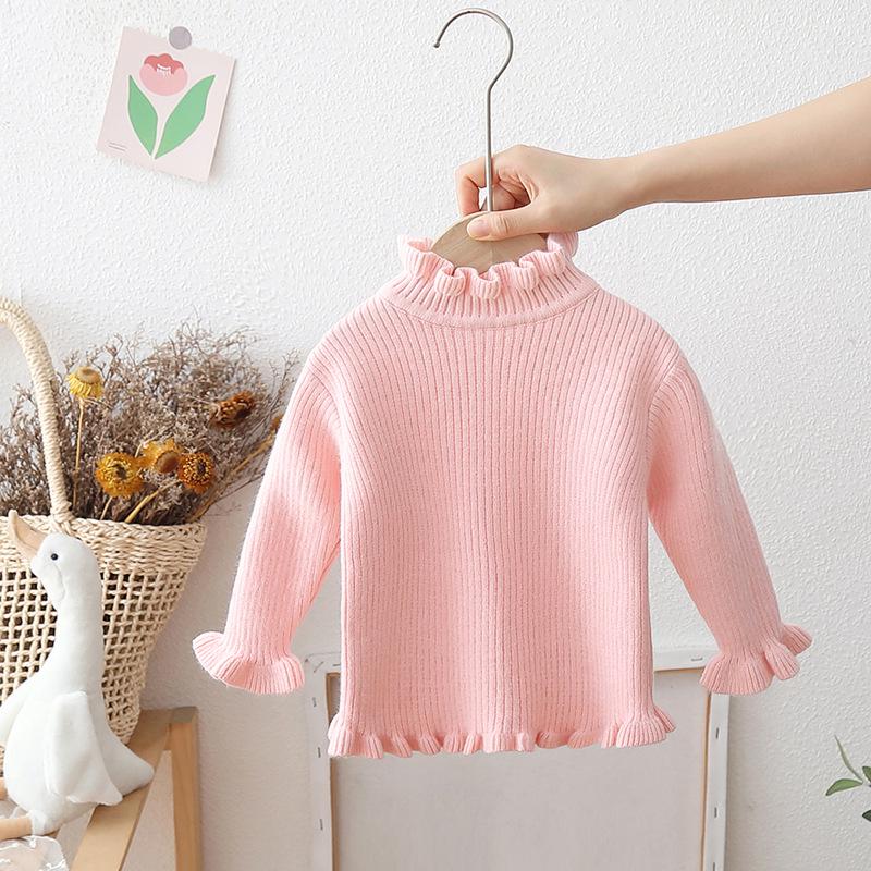 Girls' Velvet Ruffle Sweater: Half-High Collar, Knitted, Plus Velvet Layer, Warm for Autumn & Winter