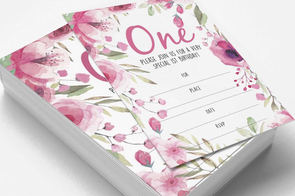 Inkdotpot Blumenmädchen Erster Geburtstag Einladungen, Ausfüllstil Party-Einladungen mit Umschlägen 30er Pack, 5x7 Zoll